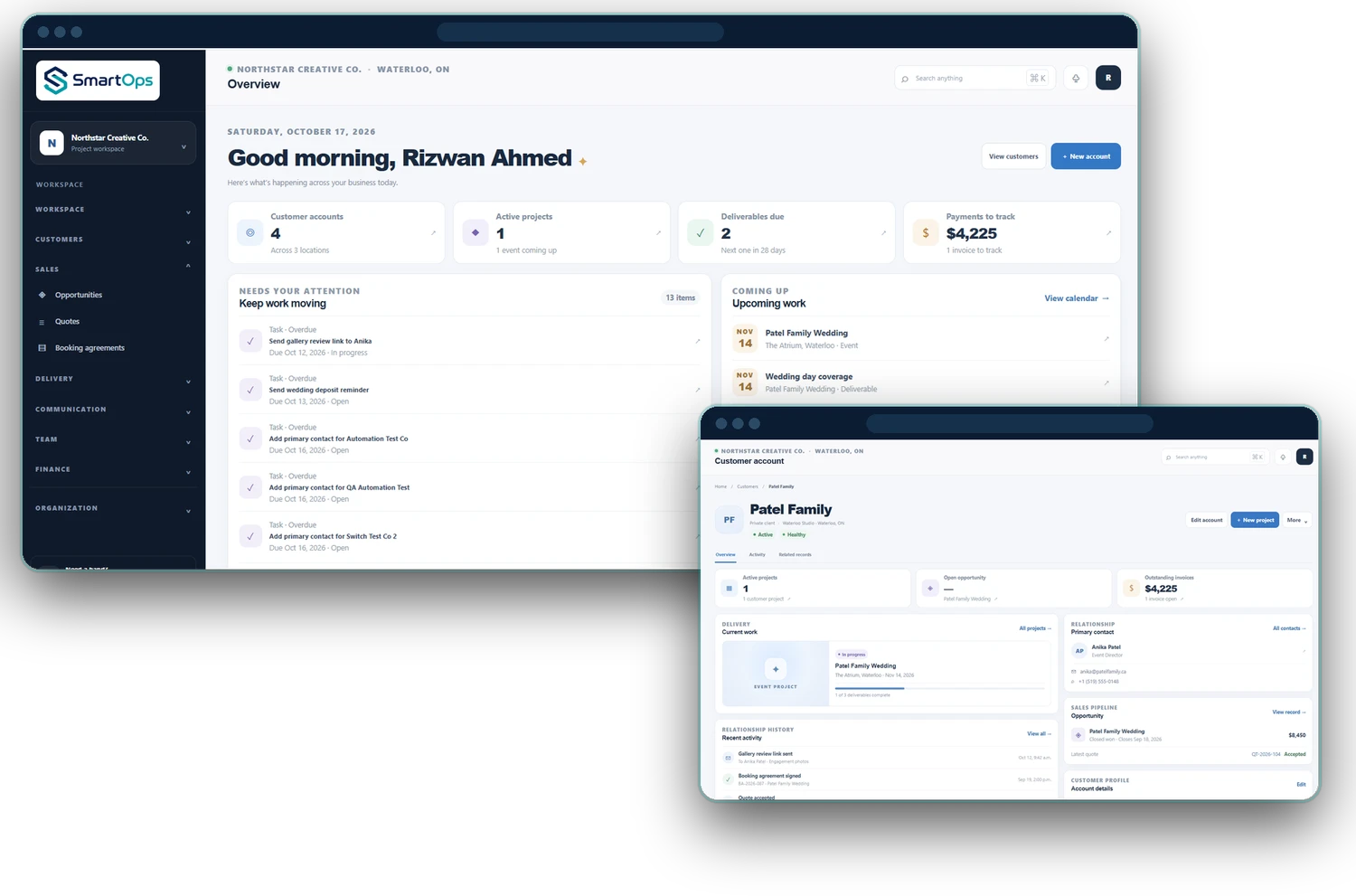 Cue workspace overview and customer account screens