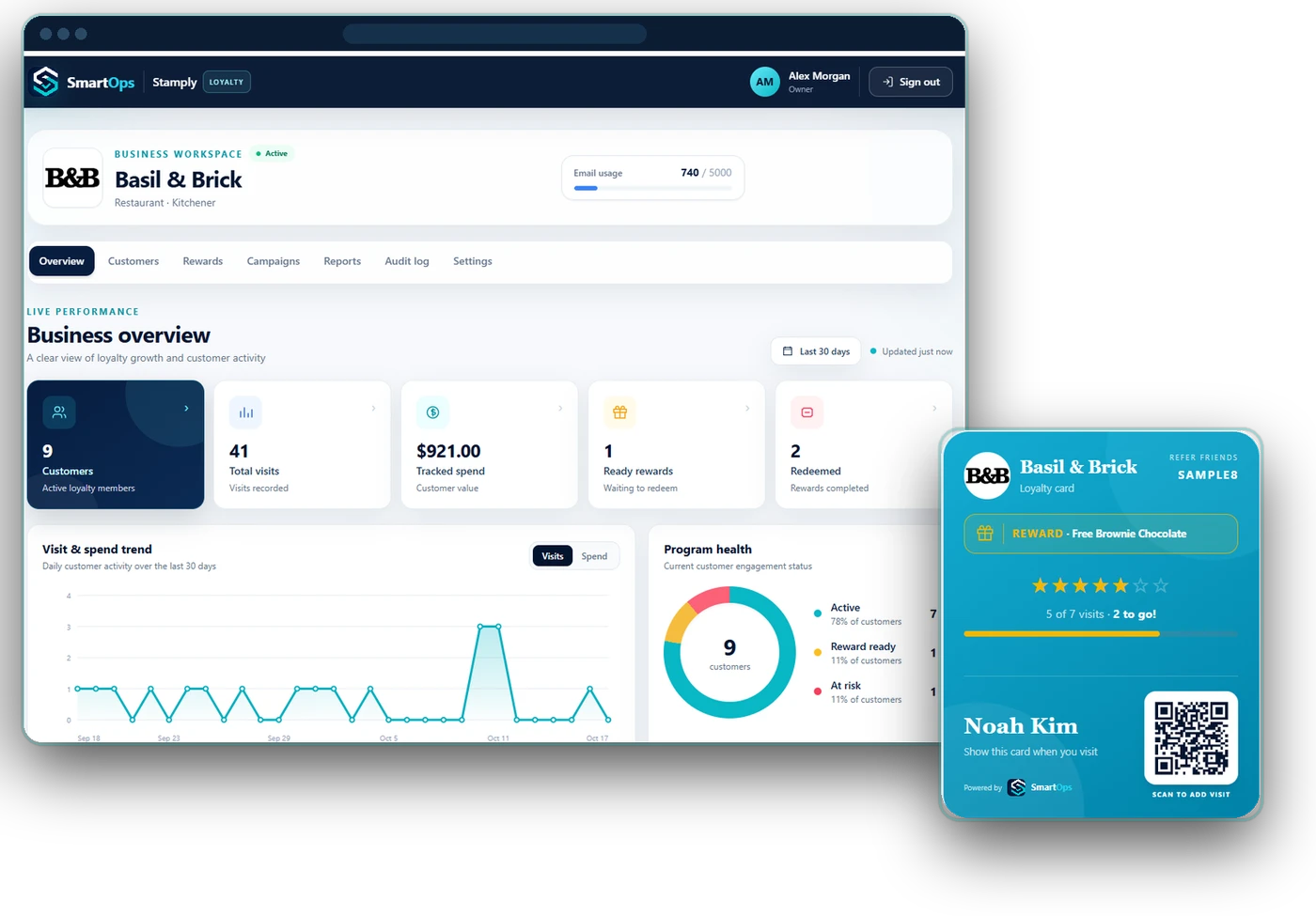 Stamply business dashboard and digital loyalty card